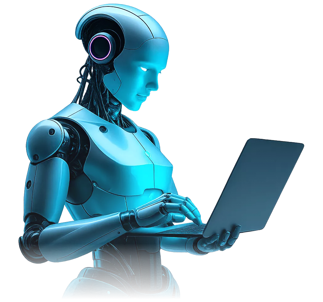 Robô com notebook representando a nova era da IA aplicada